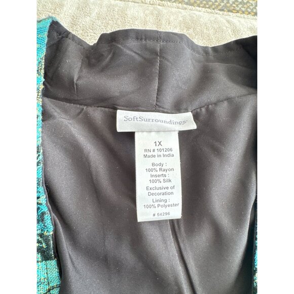 Soft Surroundings 1X Turquoise Jacquard Embroidered Open Front Kimono Jacket - Picture 6 of 10